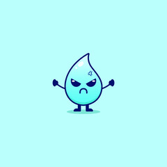 Cute water drop with an angry expression. Isolated on a blue background. Vector illustration of flat face cartoon character mascot