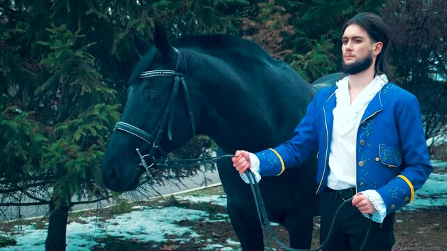 Medieval prince man hold black horse by reins. Guy strong sexy king, blue elegant vintage camisole caftan, white shirt. Face knight with short beard, long hair. Backdrop green spruce winter forest. 4k