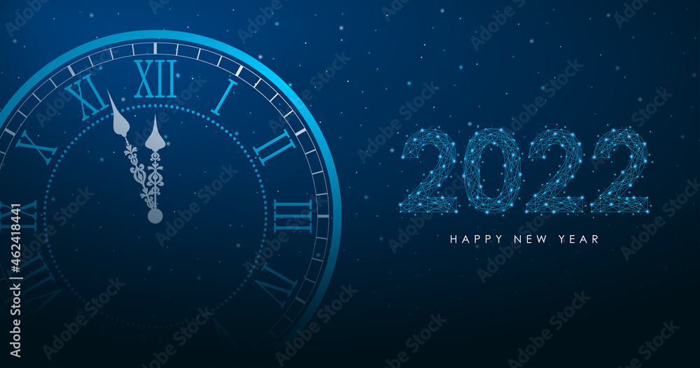 Poster new year and merry christmas illustration with round clock and 2022 number by polygonal wireframe me