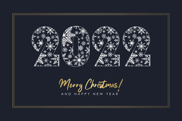 New Year and Christmas illustration with 2022 number made of snowflakes and gold frame. Design for holidays banner, card or poster. Vector.