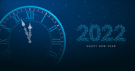 Obraz premium New Year and Merry Christmas illustration with round clock and 2022 number by polygonal wireframe mesh on night sky. Low poly greeting card, holiday banner with watch. Vector.