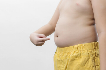 Obese fat Asian boy overweight on white background, Health care concept