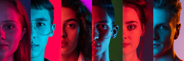 Cropped portraits of group of multiethnic people on multicolored background in neon light. Collage...