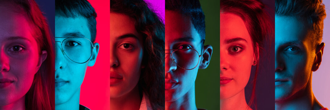 Cropped portraits of group of multiethnic people on multicolored background in neon light. Collage made of 6 models