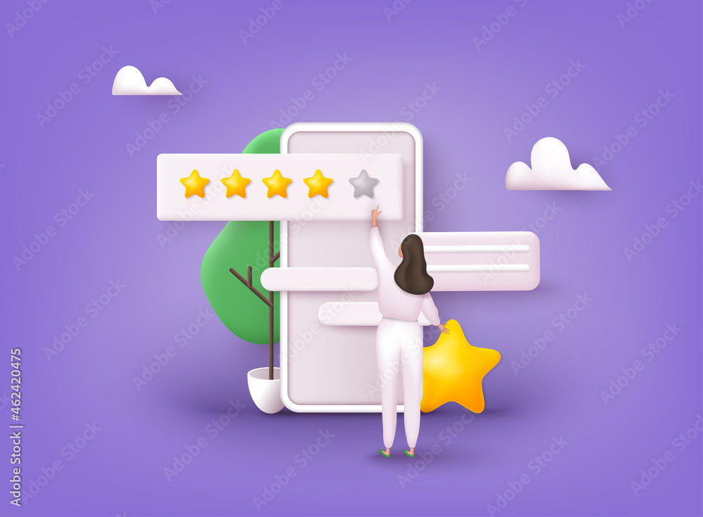 Poster characters giving five star feedback. vector customer review concepts. reviews stars with good and b