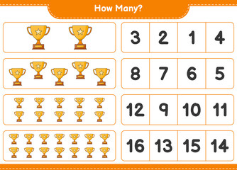 Counting game, how many Trophy. Educational children game, printable worksheet, vector illustration