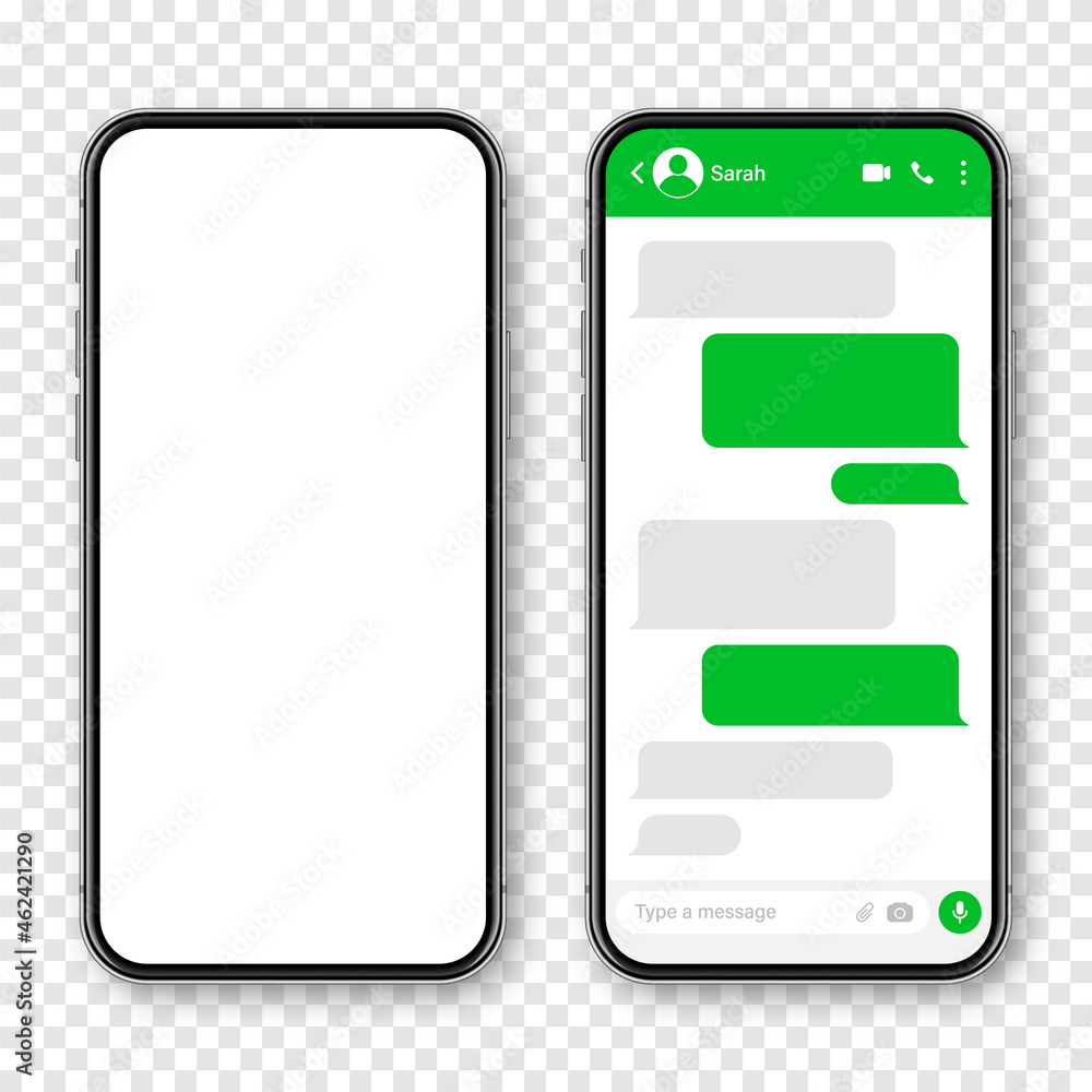 Wall mural realistic smartphone with messaging app. blank sms text frame. conversation chat screen with green m