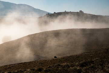beautiful foggy autumn morning landscape in rural Transylvania