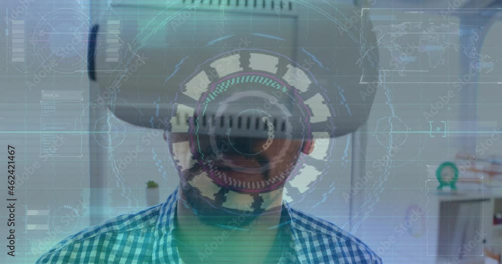 Aufkleber animation of scope scanning and data processing over man wearing vr headset