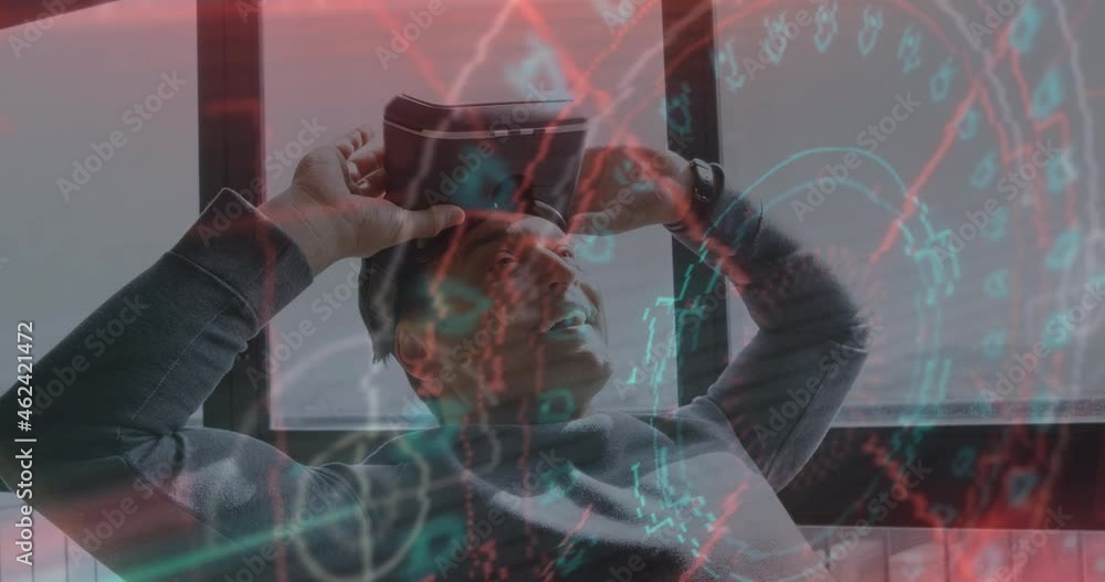 Poster animation of scope scanning and data processing over man wearing vr headset