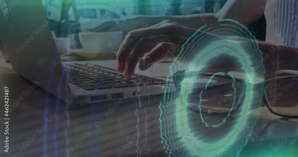 Poster Animation of scope scanning and data processing over person using laptop