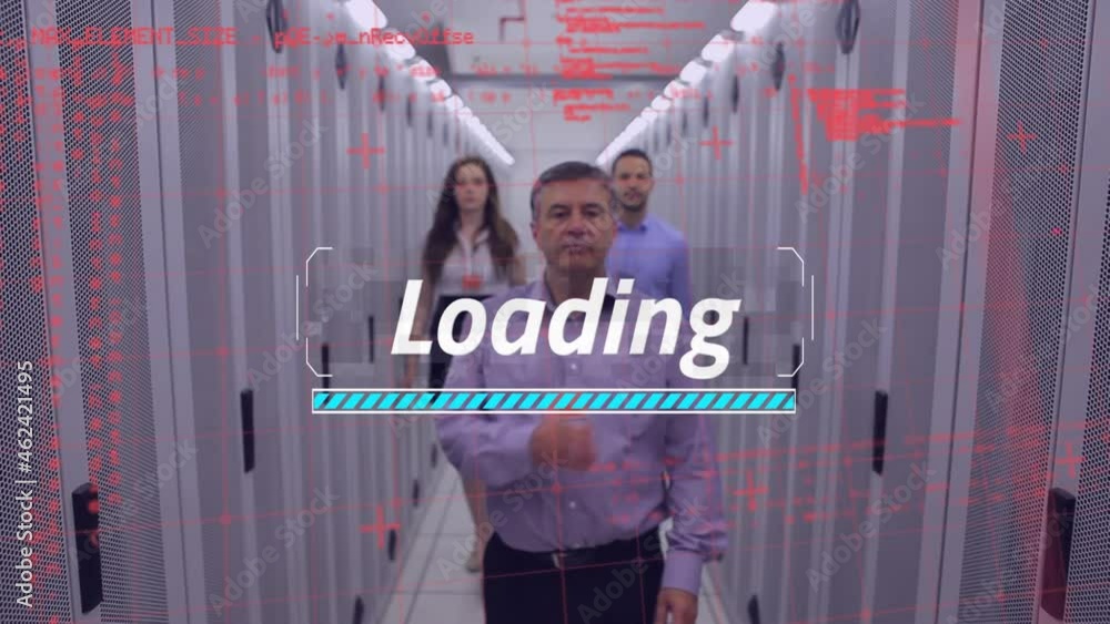 Poster animation of data processing and processing over it technicians and computer servers