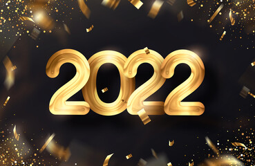Golden number of New Year 2022 with golden glitter on a black background. 
