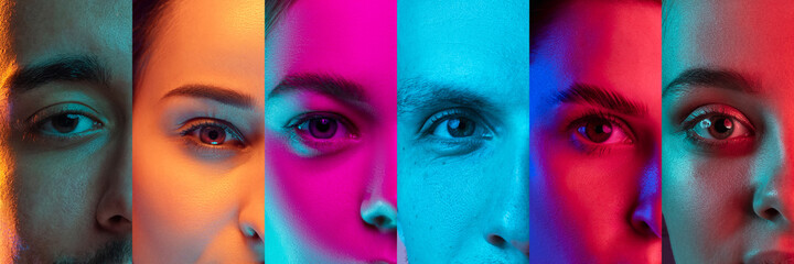 Cropped portraits of group of multiethnic people on multicolored background in neon light. Collage made of 6 models