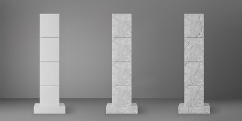Concrete square columns set with rectangular plinth and cracks isolated on grey background. Realistic old cement 3d pillar for modern room interior or bridge construction. Concrete pole base