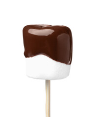 Tasty marshmallow dipped into chocolate isolated on white
