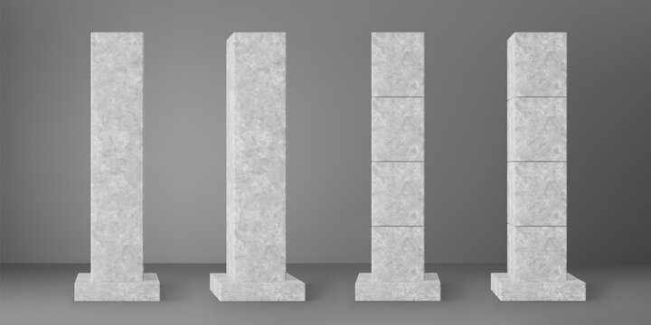 Concrete square columns set with rectangular plinth isolated on grey background. Realistic cement 3d pillar for modern room interior or bridge construction. Vector textured concrete pole base.