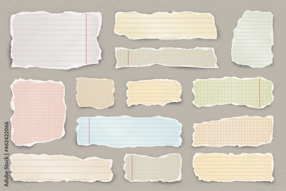 Wall mural ripped colorful paper strips. realistic crumpled paper scraps with torn edges. lined shreds of noteb
