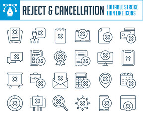 Reject and Cancellation thin line icons. Decline, Deny and Delete related outline icon set. Editable stroke icons.