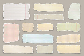 Ripped colorful paper strips. Realistic crumpled paper scraps with torn edges. Lined shreds of notebook pages. Vector illustration.