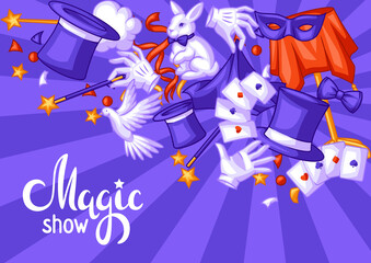 Naklejka premium Magician background with magic items. Illusionist show or performance banner. Cartoon style illustration of tricks.