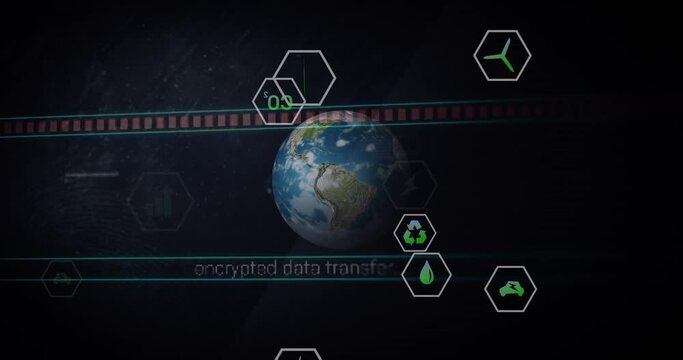 Animation of network of ecology and green energy icons over globe