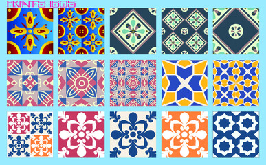 Pattern vector tiles traditional textures ornamental ceramics Spanish Portuguese Mexican Arabic Moroccan Italian colonial hydraulic majolica Turkish azulejos baldosas losetas racholas cerámicas