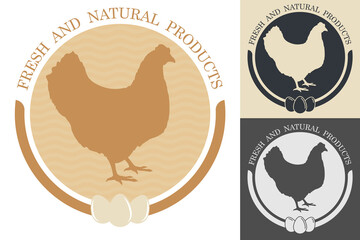 Silhouette of chicken inside circle. Embelm, badge for farm or organic chicken meat. Farm bird. Vector isolated on white background