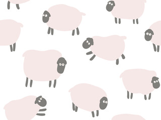 Minimalistic vector seamless pattern with pink sheep on a white background