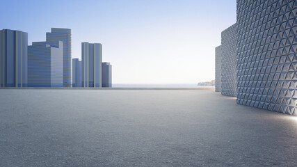 Empty concrete floor and gray wall. 3d rendering of sea view plaza with clear sky background. © MIRROR IMAGE STUDIO
