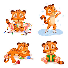 Set of cute little tigers on white background. Symbol of new year 2022. Chinese New Year of the tiger.