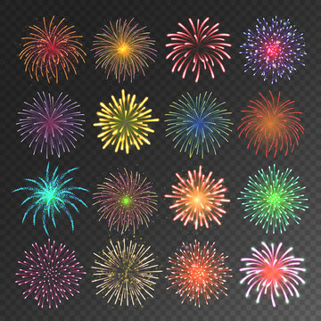 Colorful festive fireworks collection. Realistic firework, sparkling fire burst. Bursting firecracker rockets. Christmas or New Year celebrating. Vector illustration.