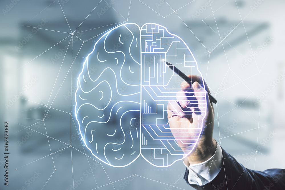 Poster double exposure of man hand with pen working with creative artificial intelligence interface on blur