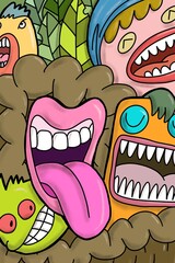 Obraz premium animal; comic; colorful; fashion; idea; happy; pattern; cute; alien; smile; stripes; character; design; drawing; graphic; funny; hand; art; fantasy; cartoon; crowded; draw; doodle; monster; background