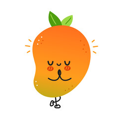 Cute funny mango fruit meditate in yoga pose. Vector hand drawn cartoon kawaii character illustration icon. Isolated on white background. Mango exotic baby fruit character concept