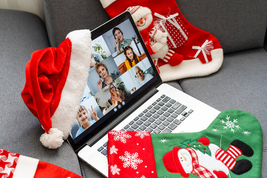 Online Party During Quarantine. online video call, showing present gift box, videochat. Screen view with conference app