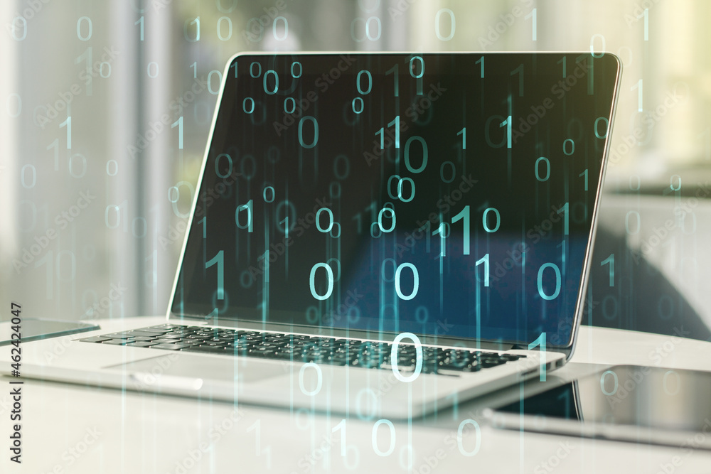 Poster creative abstract binary code hologram on modern computer background, ai and machine learning concep