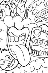 Funny monsters seamless pattern for coloring book. Black and white background. Vector illustration