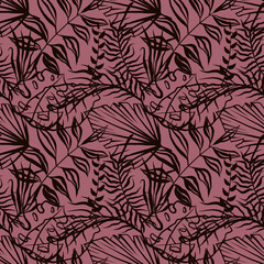 Pastel color seamless pattern, design paper with tropical leaves in beige, violet, pink dusty colors - 462424081