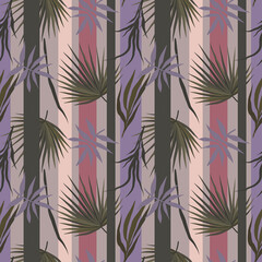 Pastel color seamless pattern, design paper with tropical leaves in beige, violet, pink dusty colors - 462424082