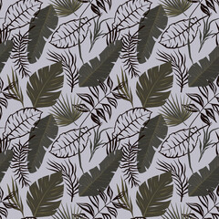 Pastel color seamless pattern, design paper with tropical leaves in beige, violet, pink dusty colors