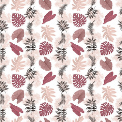Pastel color seamless pattern, design paper with tropical leaves in beige, violet, pink dusty colors - 462424085
