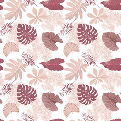 Pastel color seamless pattern, design paper with tropical leaves in beige, violet, pink dusty colors - 462424088
