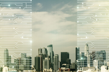 Double exposure of abstract virtual circuit hologram on Los Angeles city skyscrapers background. Research and development hardware concept