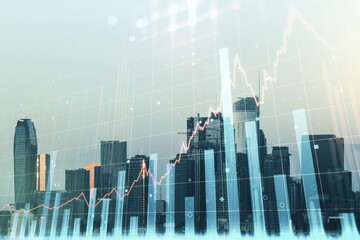 Multi exposure of virtual creative financial chart hologram on Los Angeles skyscrapers background, research and analytics concept