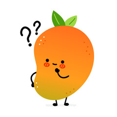 Cute funny mango fruit with question. Vector hand drawn cartoon kawaii character illustration icon. Isolated on white background. Mango exotic baby fruit character concept