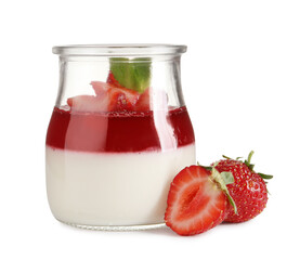 Delicious panna cotta with strawberry coulis and fresh berries on white background