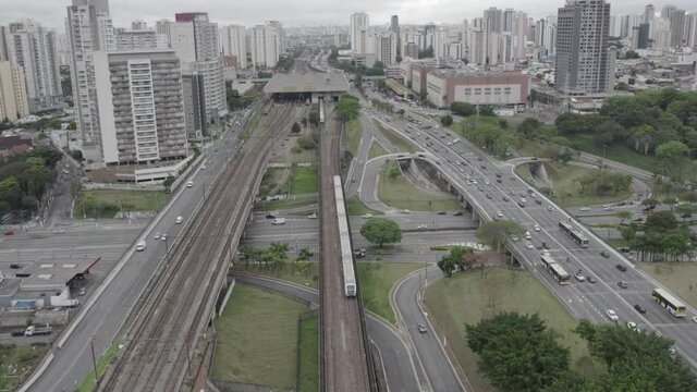Aerial view of the Tatuap&eacute; district in S&atilde;o Paulo, Brazil. Main avenue in the neighborhood, close to the subway station. Tallest building in S&atilde;o Paulo in the background