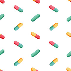 Watercolor Pattern with isolated  Elements on white background: Pills, Cells, Viruses, Bacteria. Set of illustrations on a medical theme (scrapbooking, business cards, packaging, textiles)