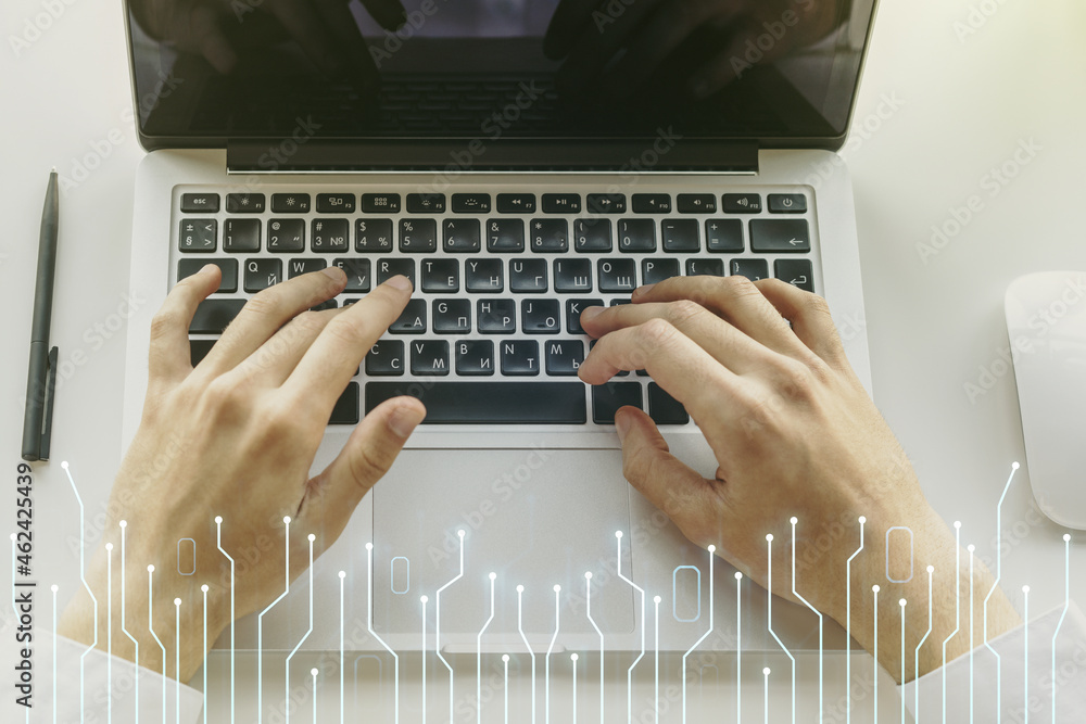 Poster creative abstract micro circuit sketch and hands typing on computer keyboard on background, future t